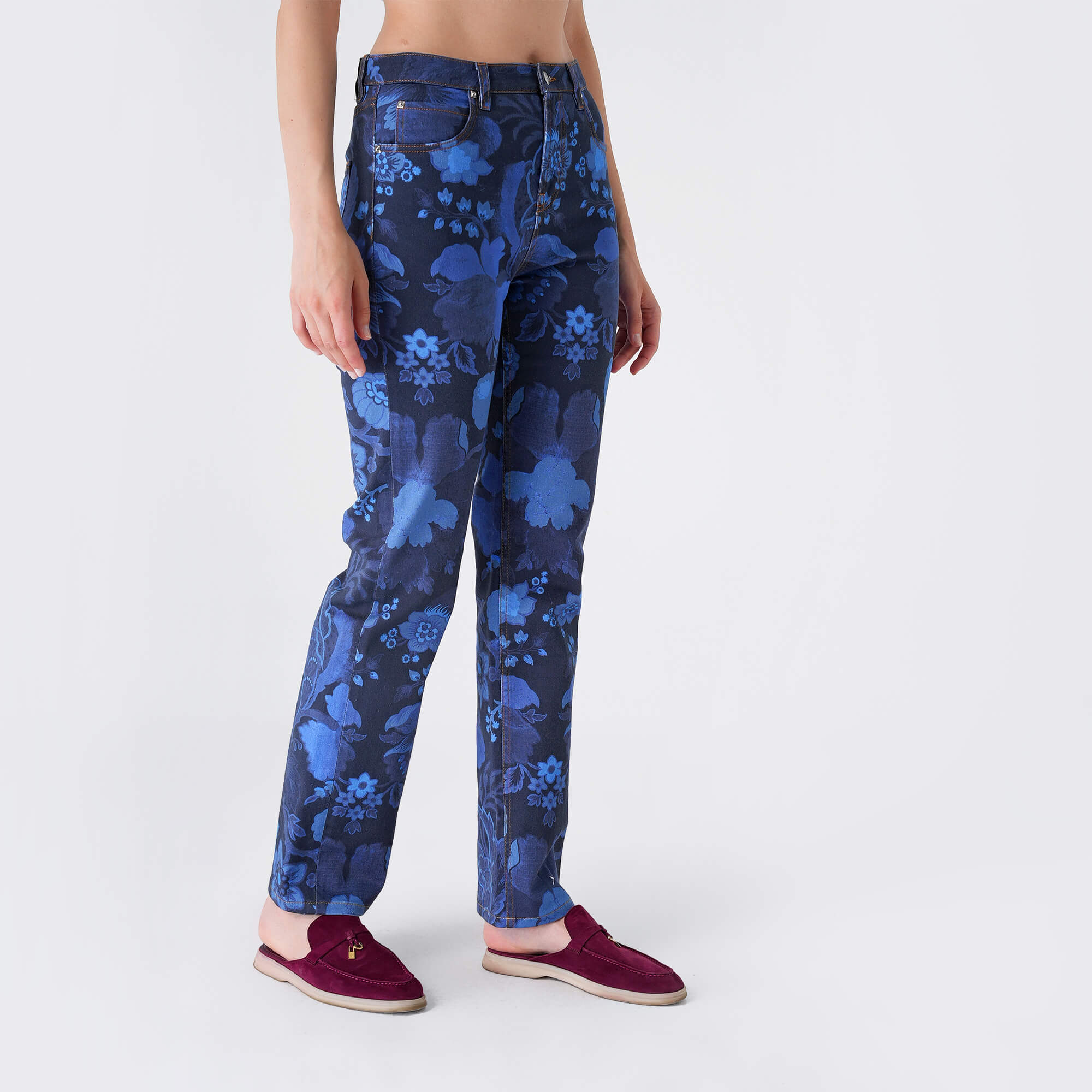 Etro - Navy Denim Floral Print Cotton Jeans